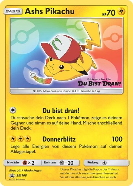 Ashs-Pikachu-SM108-Pokémon-Promo-Karte-Der-Film-Du-Bist-Dran-TCG-Sammelkartenspiel-2017
