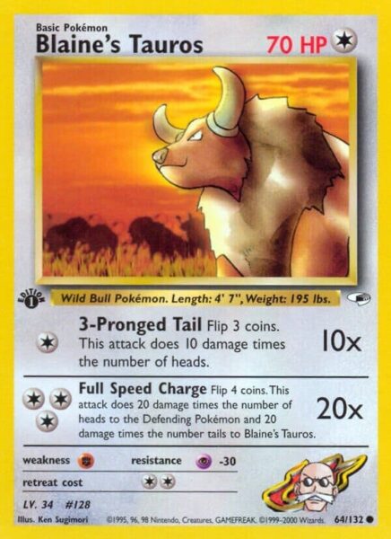 Blaines-Tauros-64-132-Gym-Heroes-Pokémon-Karte-Englisch-TCG-Sammelkartenspiel-2000