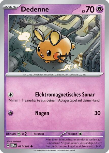Dedenne-087-191-SSP-DE-Karmesin-Purpur-Stürmische-Funken-Pokémon-Karte-Deutsch-TCG