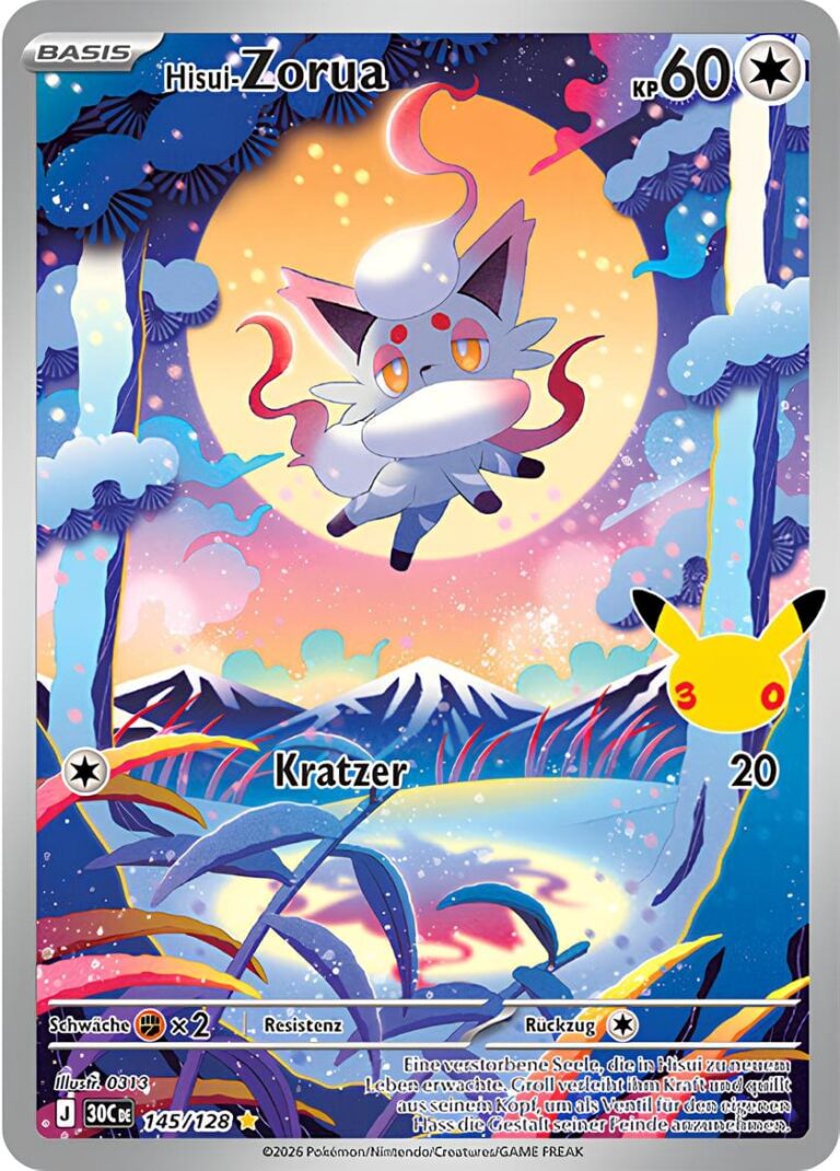 Hisui-Zorua-145-128-30C-30-Jahre-Jubiläum-30th-Celebration-Set-Erweiterung-Illustration-Rare-Pokémon-Karte-Deutsch