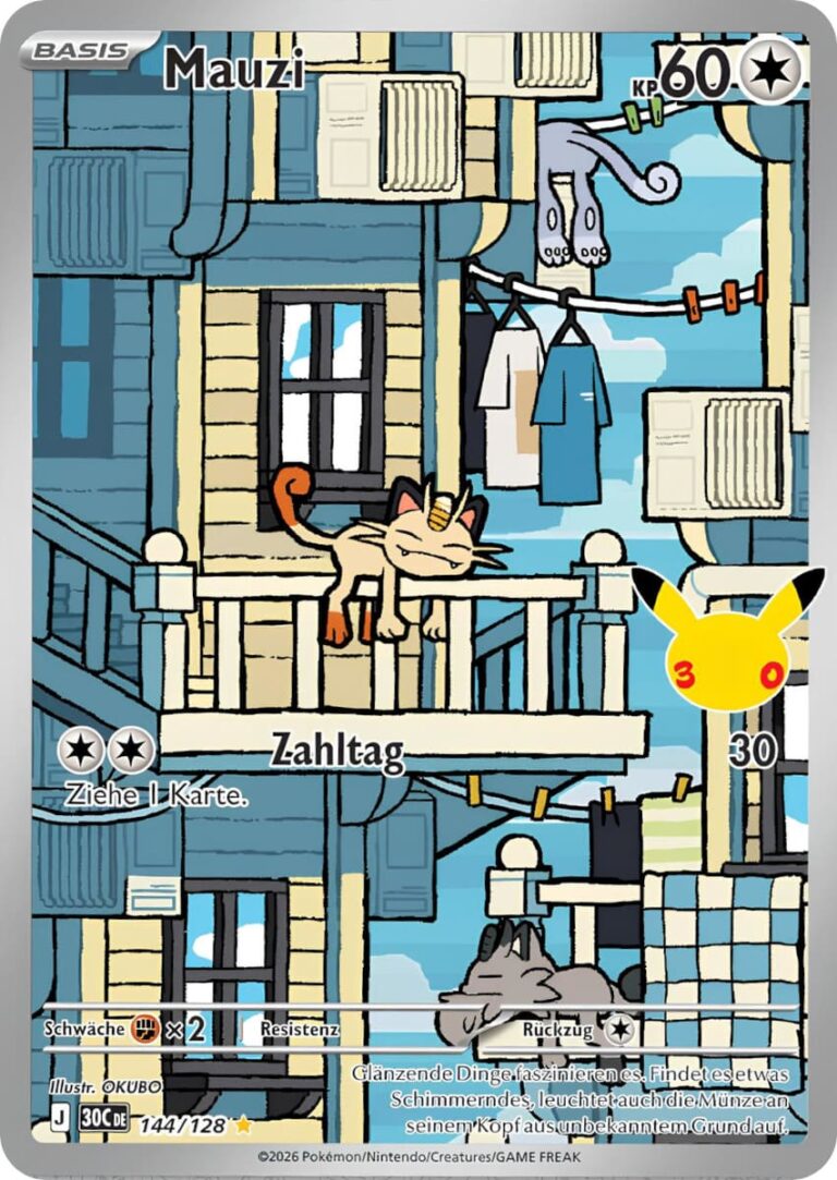 Mauzi-144-128-30C-30-Jahre-Jubilaeum-30th-Celebration-Set-Erweiterung-Illustration-Rare-Pokemon-Karte-Deutsch