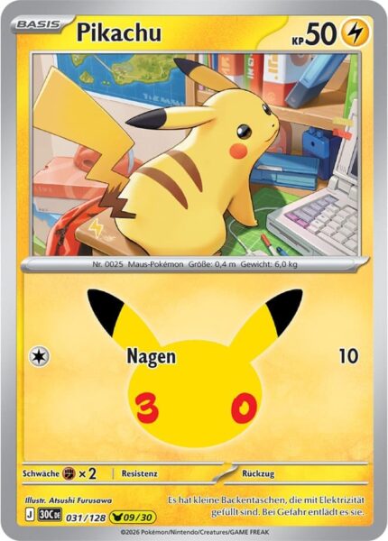 Pikachu-031-128-09-30-Jahre-Jubiläum-30th-Celebration-Pokémon-Karte-Deutsch