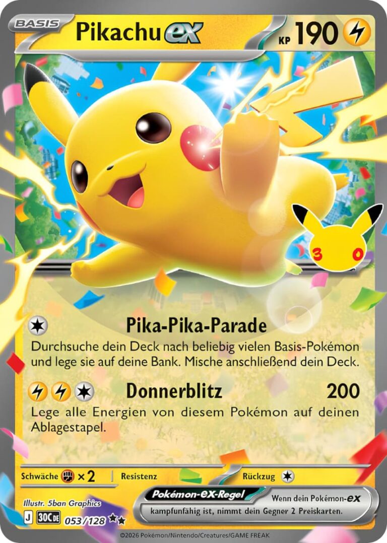 Pikachu-ex-053-128-30C-30-Jahre-Jubiläum-30th-Celebration-Set-Erweiterung-Pokémon-Karte-Deutsch