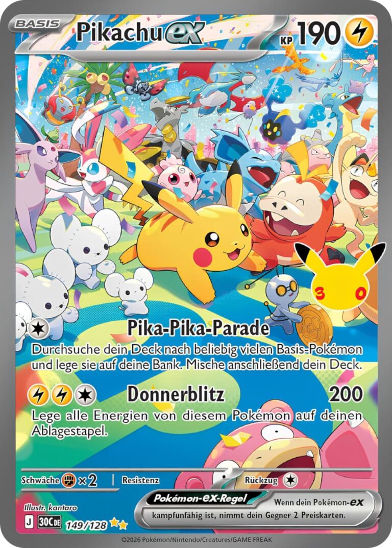 Pikachu-ex-149-128-30C-30-Jahre-Jubiläum-30th-Celebration-Set-Special-Illustration-Rare-Pokémon-Karte-Deutsch