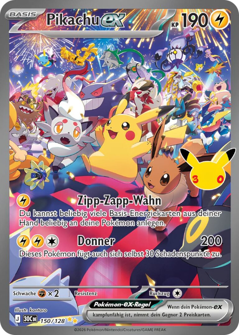 Pikachu-ex-150-128-30C-30-Jahre-Jubiläum-30th-Celebration-Set-Special-Illustration-Rare-Pokémon-Karte-Deutsch