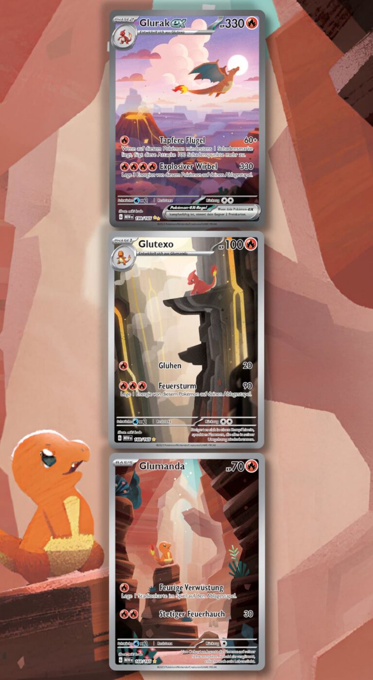 Pokémon-151-Glumanda-Glutexo-Glurak-verbundene-Illustrationen-Karten-TCG-Sammelkartenspiel