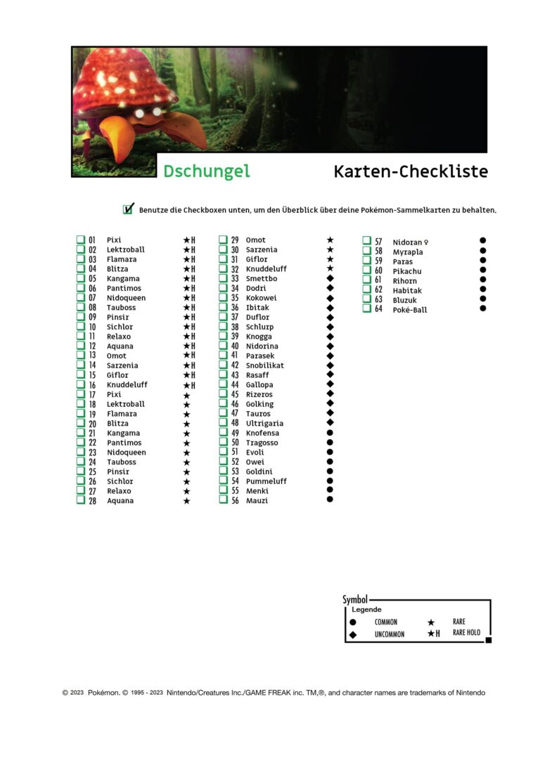 Pokemon-Dschungel-Kartenliste