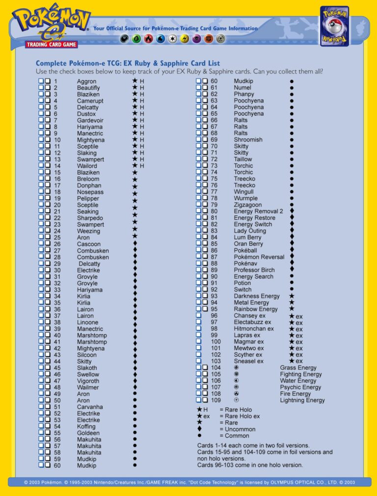 Pokémon-EX-Ruby-Sapphire-Rubin-Saphir-Kartenliste-Checkliste-Englisch