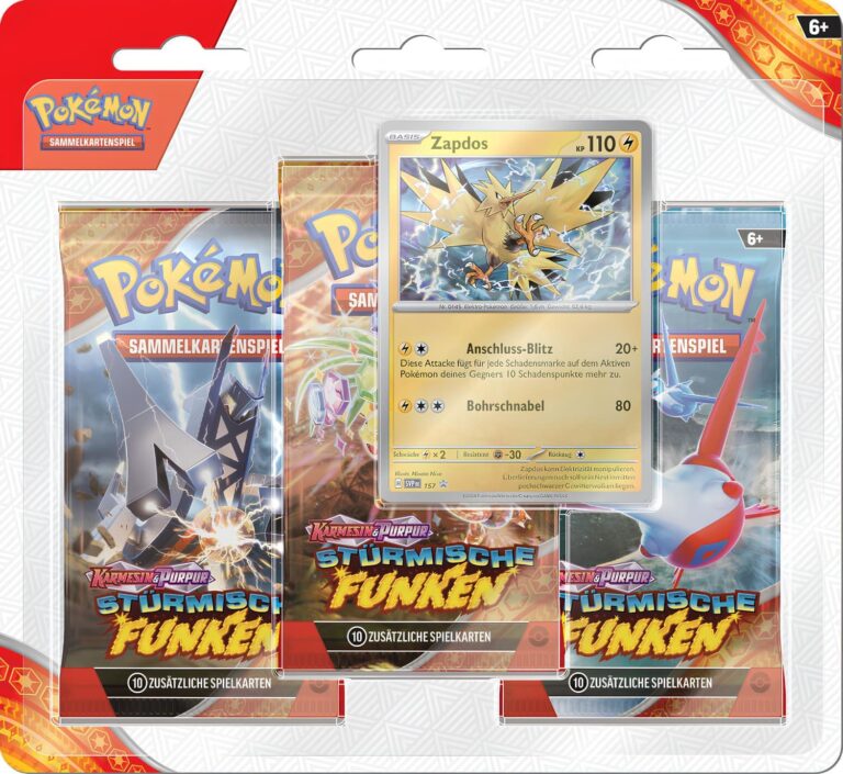 Pokémon-Karmesin-Purpur-Stürmische-Funken-3-Pack-Booster-Blister-Zapdos-TCG-Sammelkartenspiel-2024