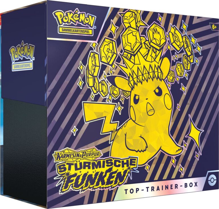 Pokémon-Karmesin-Purpur-Stürmische-Funken-Top-Trainer-Box-Pikachu-Sammelkartenspiel-2024