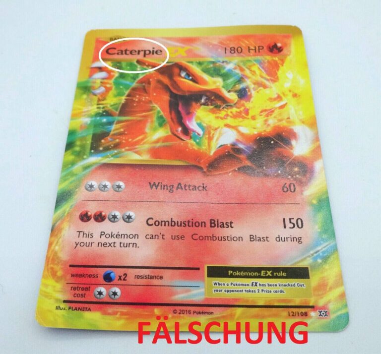 Eine gefälschte Pokemon-Karte mit dem Namen Caterpie EX