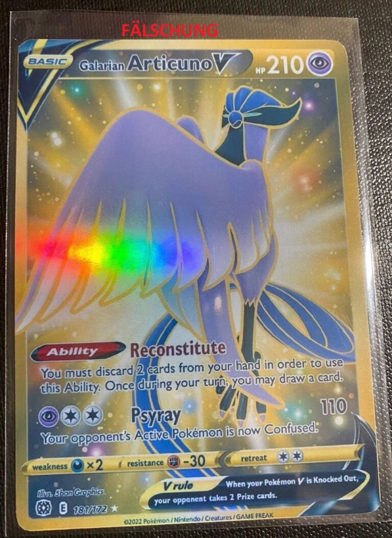 Eine gefälschte Galarian Articuno V Pokemon Karte
