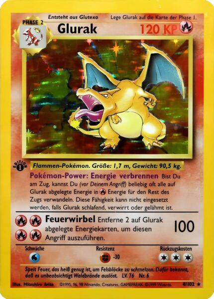 Pokemon-Karte-Glurak-1-First-Edition-Basis-Base-Set-Deutsch-1999