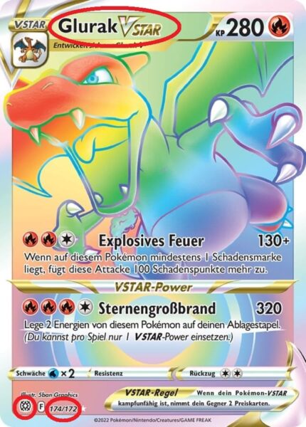 Die Pokemon Karte Glurak VSTAR aus dem Set Strahlende Sterne