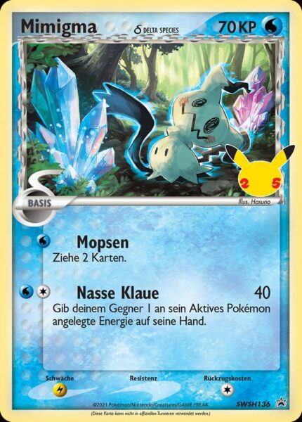 Eine Mimigma Delta Species Promo Pokemon Karte aus dem Set Celebrations mit der Nummer SWSH136