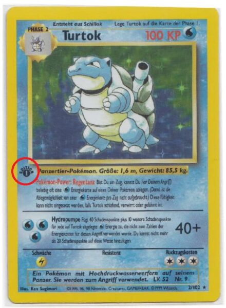 Eine Turtok First Edition Pokemon Karte aus dem Basis-Set mit der Nummer 2