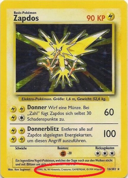 Eine Zapdos Pokemon Karte aus dem Basis Set mit der Nummer 16