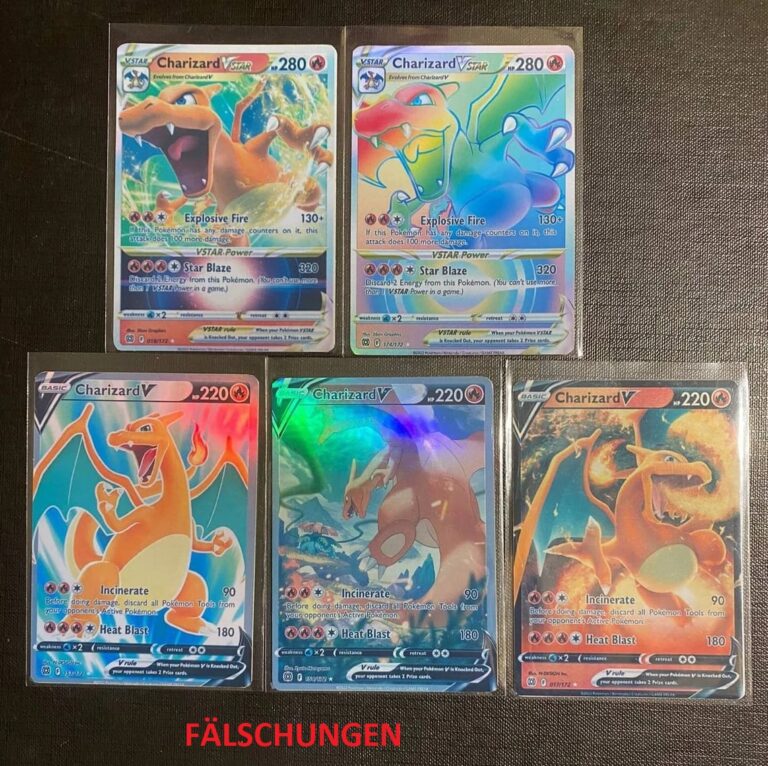 Fünf gefälschte Charizard V und VMAX Pokemon Karten ohne Texturen