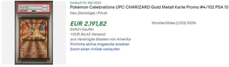 Pokémon-Karten-Top-Verkäufe-Mai-2024-Charizard-Metall-Celebrations-PSA-10