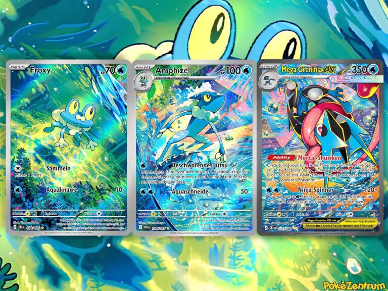 Pokemon-Karten-Verbundene-Illustrationen-Froxy-Amphizel-Mega-Quajutsu-ex-Wachsendes-Chaos-TCG-Sammelkartenspiel