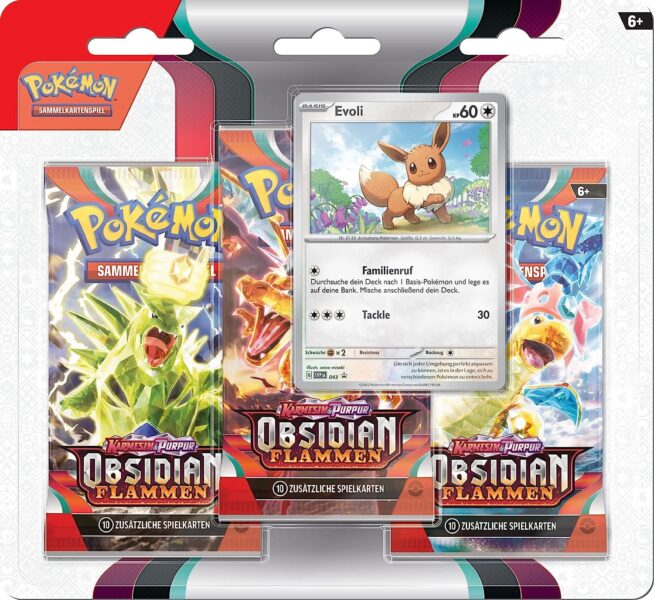Pokémon-Obsidianflammen-Obsidian-Flammen-3-Pack-Booster-Blister-Evoli-Deutsch