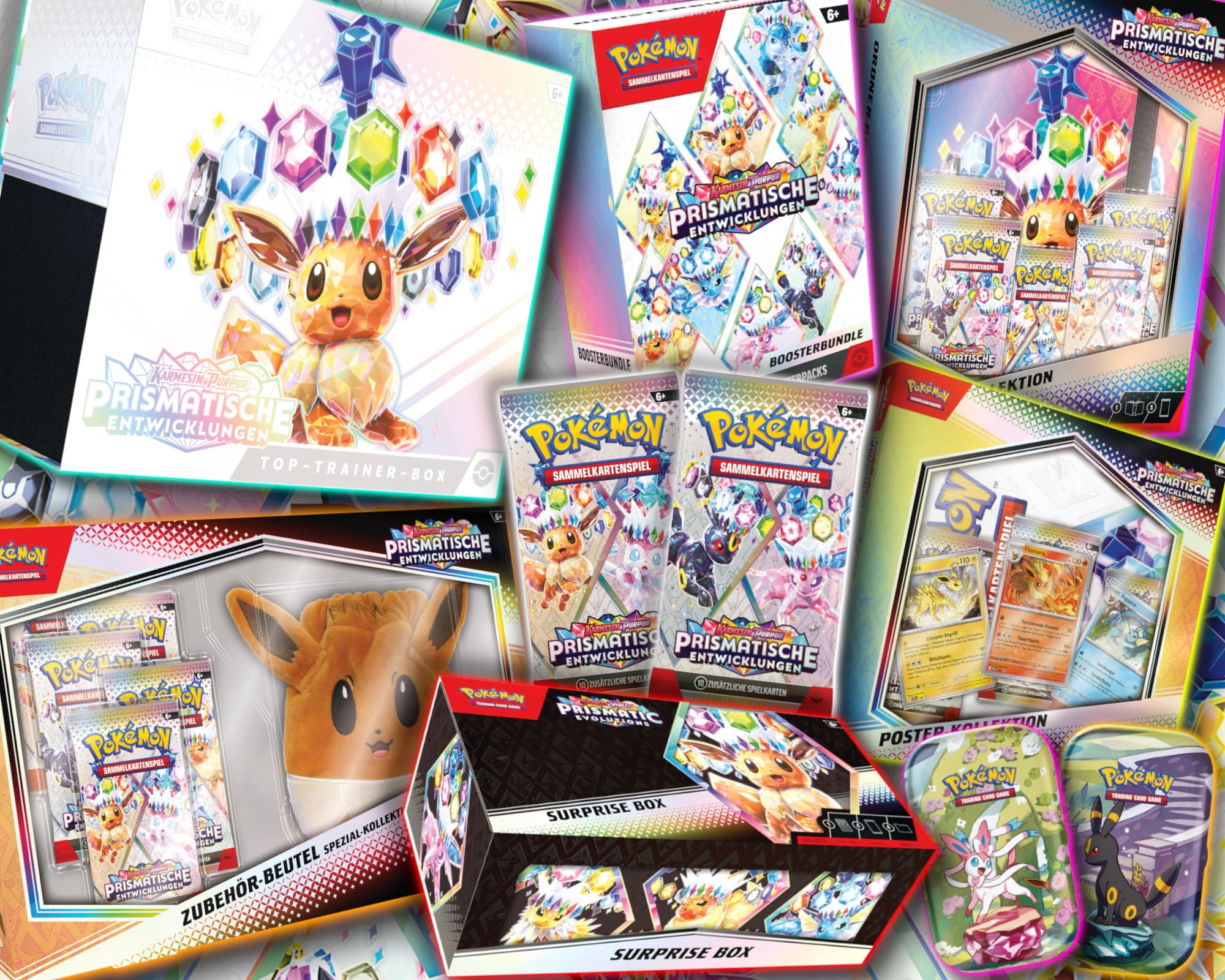 Pokémon-Prismatische-Entwicklungen-kaufen-Produktübersicht-Boxen-Kollektionen-Prismatic-Evolution-TCG-2024