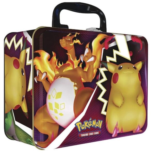 Ein Pokemon Karten Sammelkoffer im Glurak und Pikachu Design
