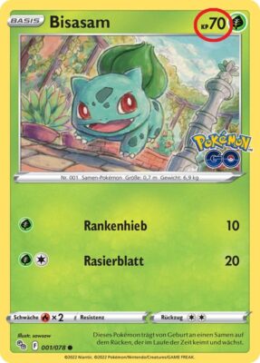 Eine Bisasam Pokemon Karte aus dem Set Pokemon GO mit der Nummer 001