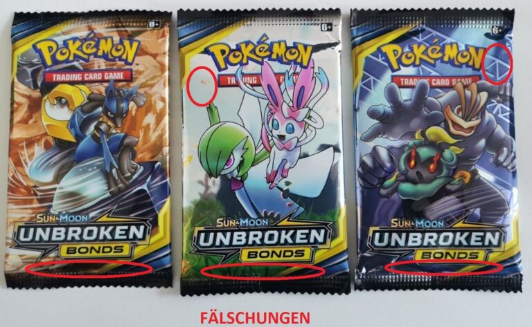 Drei gefälschte Pokemon Booster-Packs aus dem Set Unbroken Bonds mit falschen Zeichnungen auf der Vorderseite