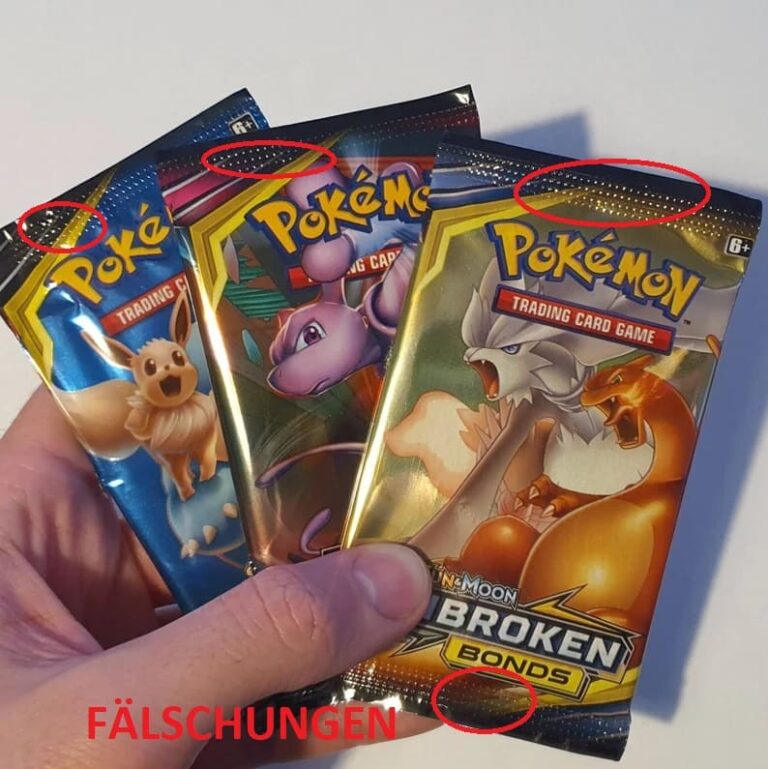 Gefälschte Pokemon Booster Packs aus dem Set Unbroken Bond mit falschen Riffelungen