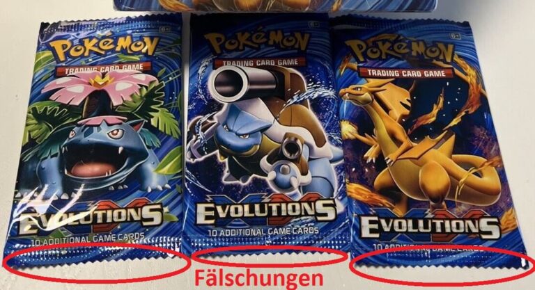 Drei gefälschte Pokemon Booster Packs aus dem Set XY Evolutions mit Zacken an den Rändern