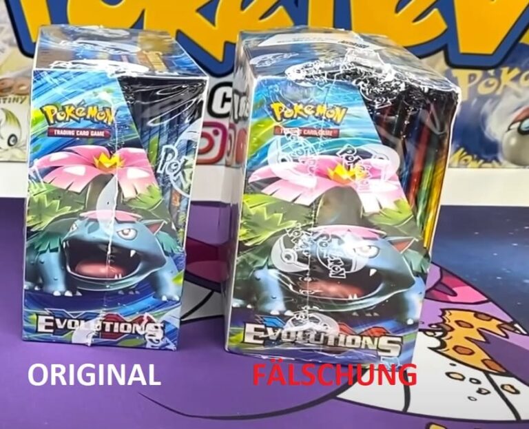 Der Vergleich von einem echten und einem gefälschten Pokemon XY Evolutions Display