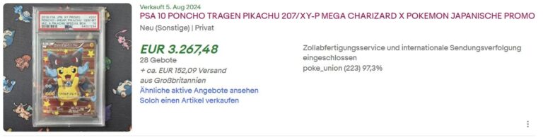 Poncho-Pikachu-207-XY-P-Promo-Pokémon-Karte-PSA-10-Japanese-Top-Verkäufe-Preis-eBay-August-2024
