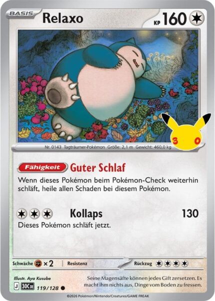 Relaxo-119-128-30C-30-Jahre-Jubiläum-30th-Celebration-Pokémon-Karte-Deutsch