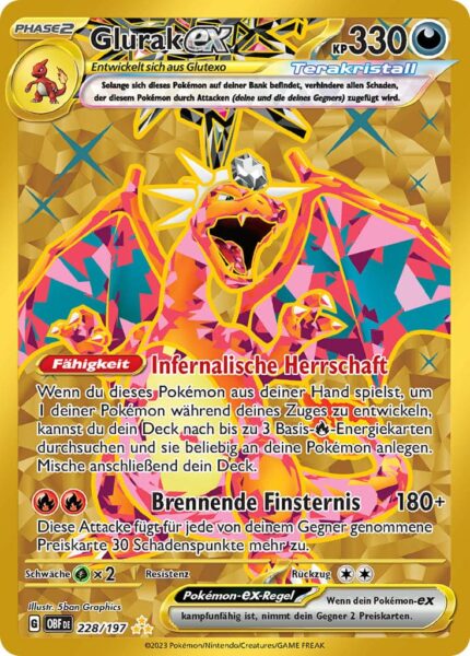 Terakristall-Glurak-ex-228-197-Obsidianflammen-Full-Art-Gold-Pokémon-Karte-TCG-Sammelkartenspiel