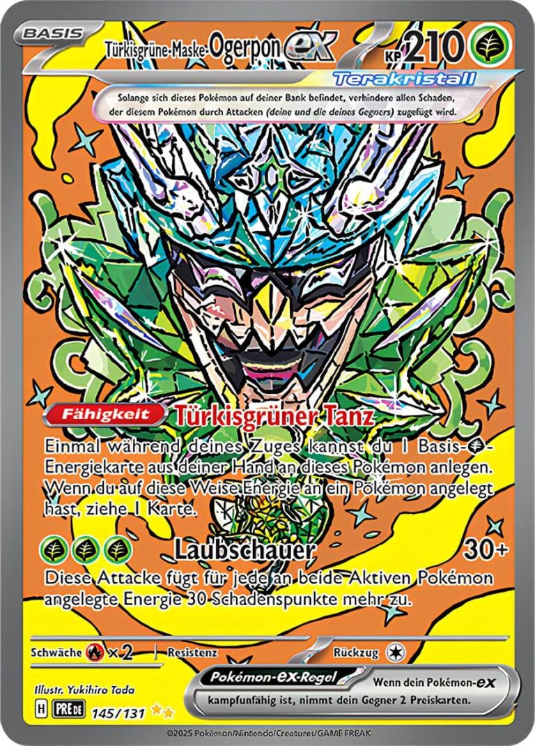 Türkisgrüne-Maske-Ogerpon-ex-145-131-Prismatische-Entwicklungen-Special-Illustration-Rare-Pokémon-Karte-Deutsch-TCG