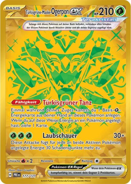 Türkisgrüne-Maske-Ogerpon-ex-177-131-Prismatische-Entwicklungen-Secret-Hyper-Rare-Gold-Pokémon-Karte-Deutsch-Karmesin-Purpur-TCG-Sammelkartenspiel