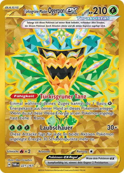 Türkisgrüne-Maske-Ogerpon-ex_221-167_TWM-DE_Maskerade-im-Zwielicht_Secret-Hyper-Rare-Gold-Pokémon-Karte_Deutsch