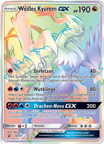 Weißes-Kyurem-GX-74-70-Majestät-der-Drachen-Rainbow-Rare-Pokémon-Karte-Deutsch-TCG-Sammelkartenspiel
