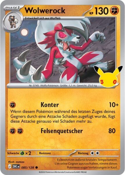 Wolwerock-085-128-30C-30-Jahre-Jubiläum-30th-Celebration-Pokémon-Karte-Deutsch