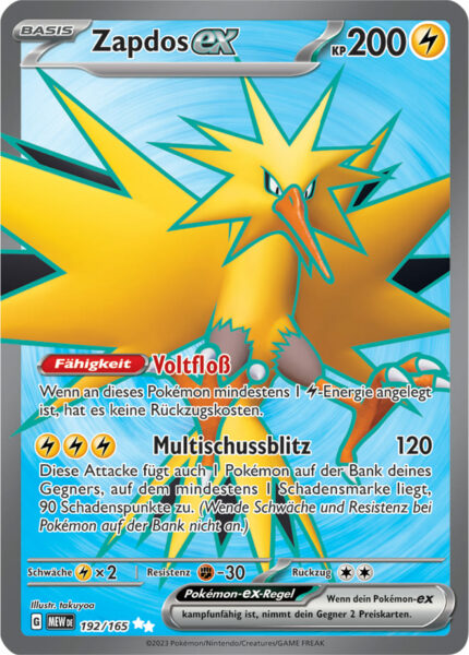 Zapdos-ex-192-165-Pokémon-Karmesin-Purpur-151-MEW-DE-Full-Art-Vollbild-Pokémon-Karte-Karten-Deutsch
